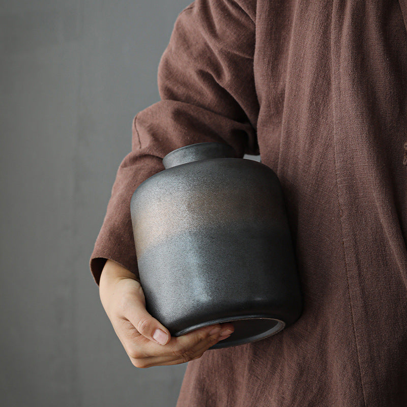 Japanese Style Coarse Pottery Phantom Tea Pot Handmade Retro Household Ceramic Moisture-Proof Sealed Tea Container Large and Small Size Tea Warehouse