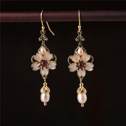 Cloisonne Flower Pearl Earrings