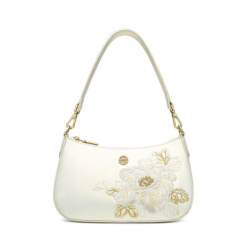 Elegant Peony Ode Embroidery Leather Handbag