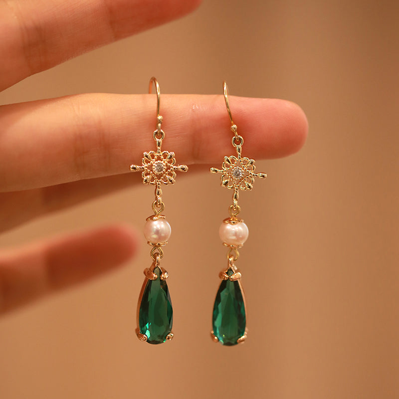 Elegant Long Green Ear Studs Pearl Earrings