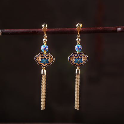 Vintage Tassel Cloisonné Gold Earrings