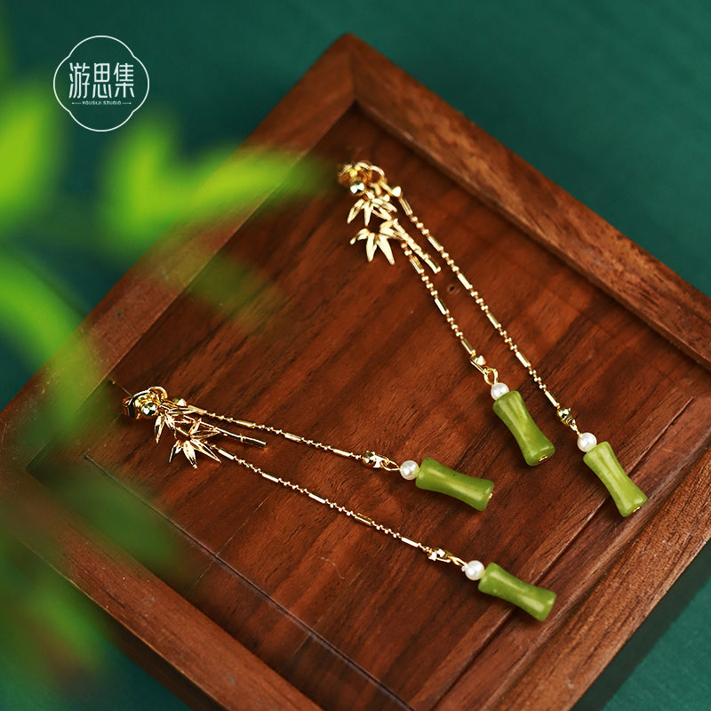 New Chinese Style Ancient Style Olive Jade Bamboo Tassel Earrings