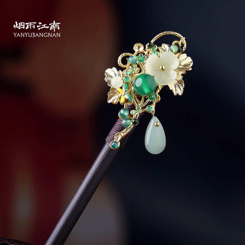 Green Agate Cloisonné Synthetic Flower Wood Hairpin