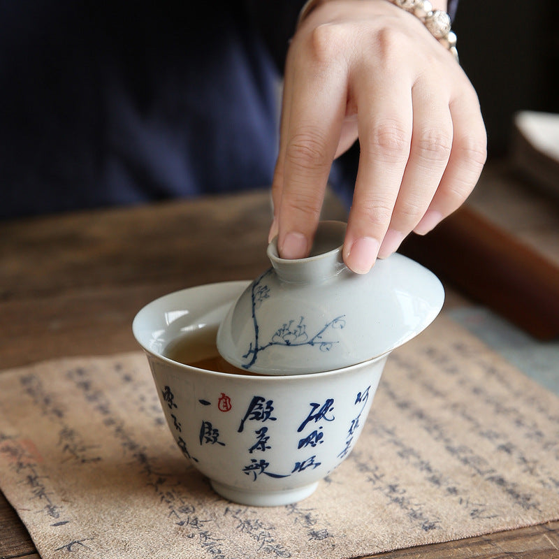 Hand Painted Tea Drinking Song Calligraphy Gaiwan