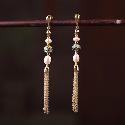 Chinese Style Pearl Long Fringe Earrings