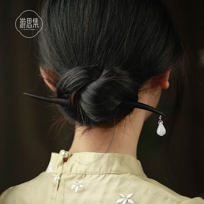 Ancient Style Mulan Flower White Jade Ebony Hairpin
