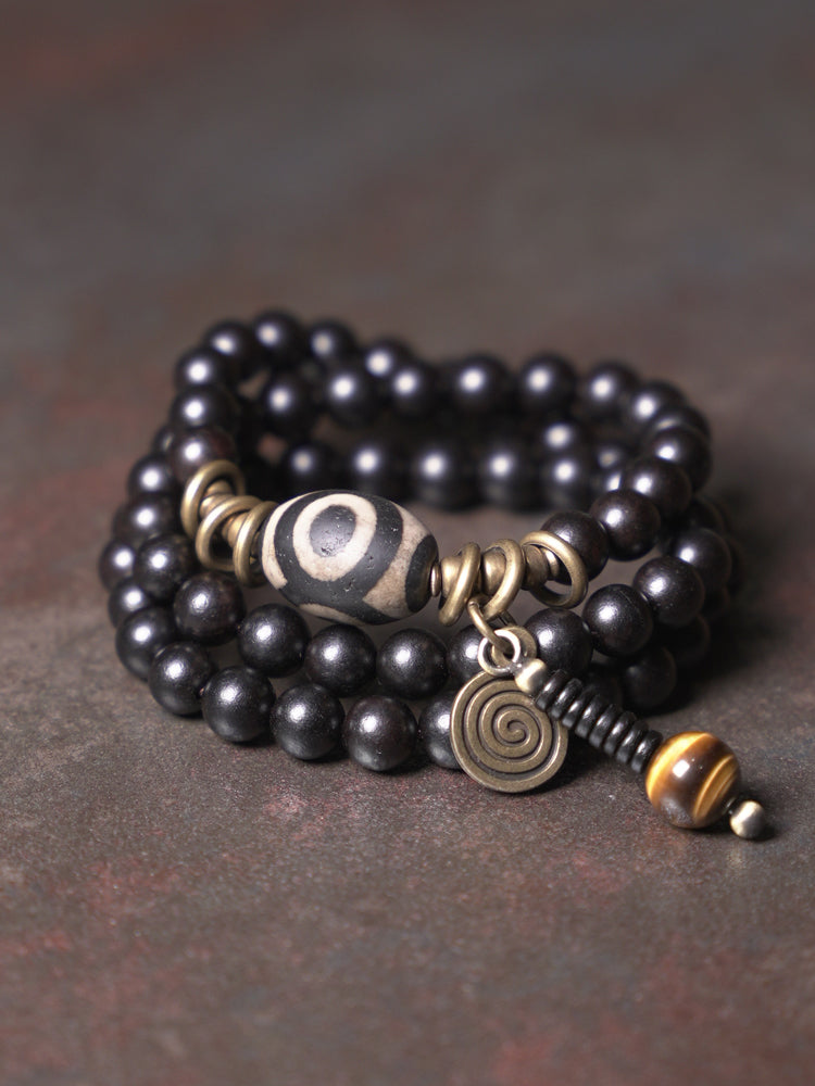 Buddha Ebony Wood Dzi Beads Protection Bracelet