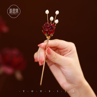 Real Flower Rose Pearl Copper Tassel Hairpin