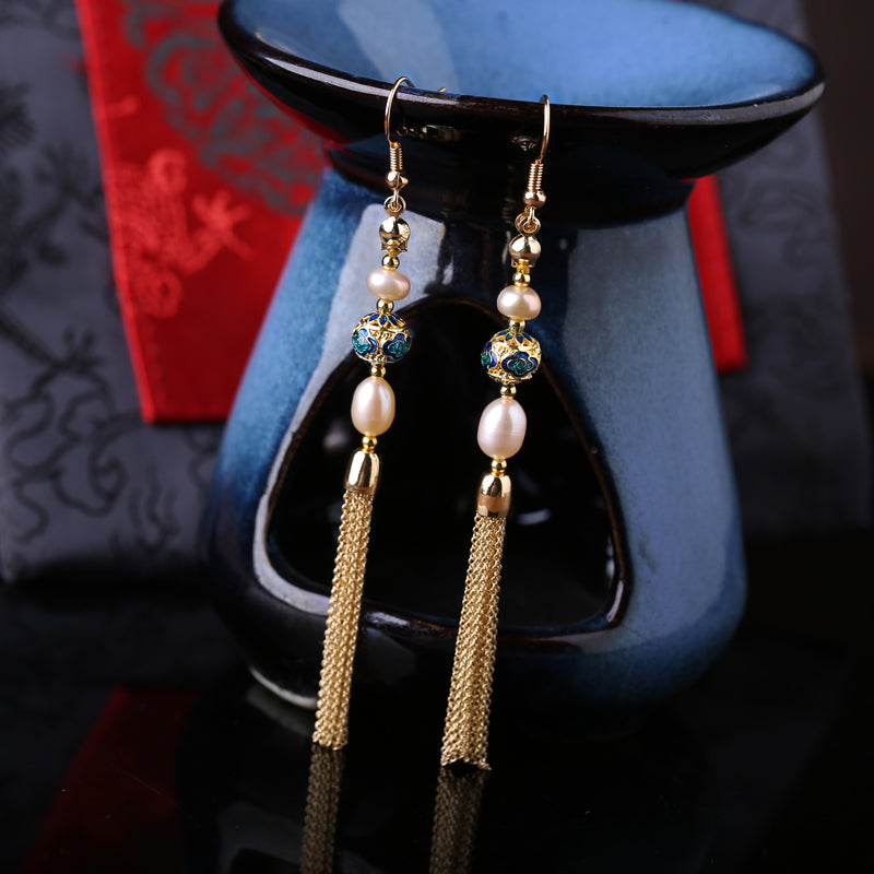 Chinese Style Pearl Long Fringe Earrings