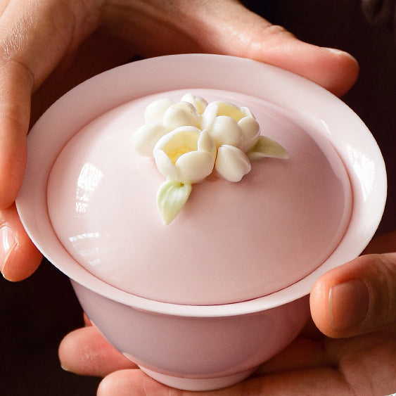 Handmade Pink Flower Porcelain Gaiwan Tea Set