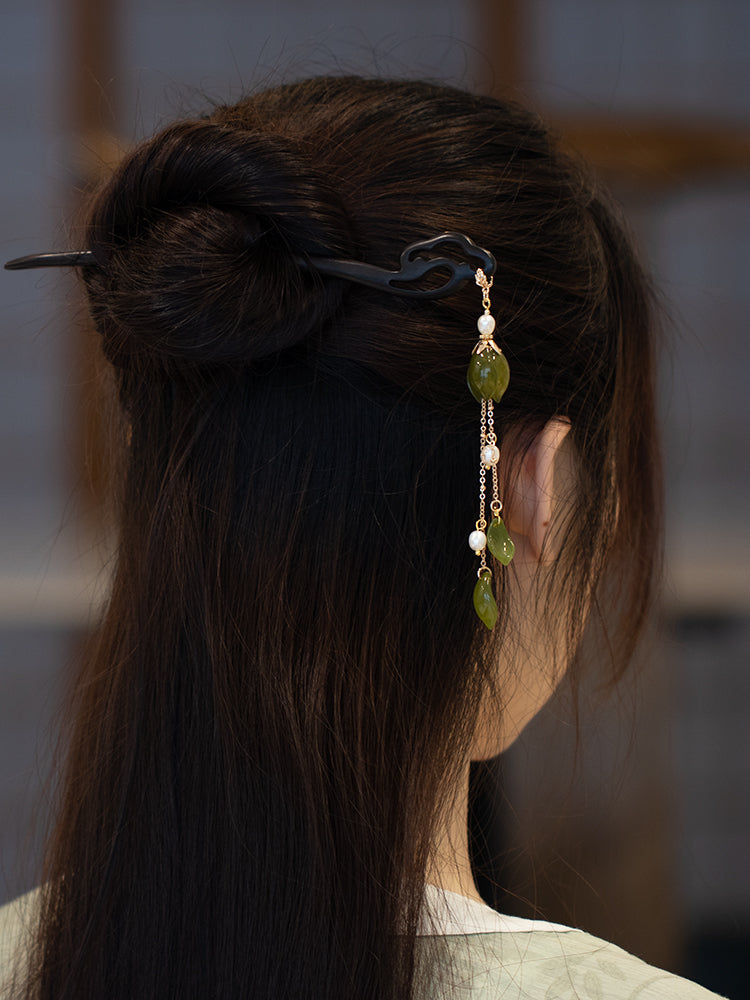 Original Handmade Glass Metal Tassel Wooden Hairpin