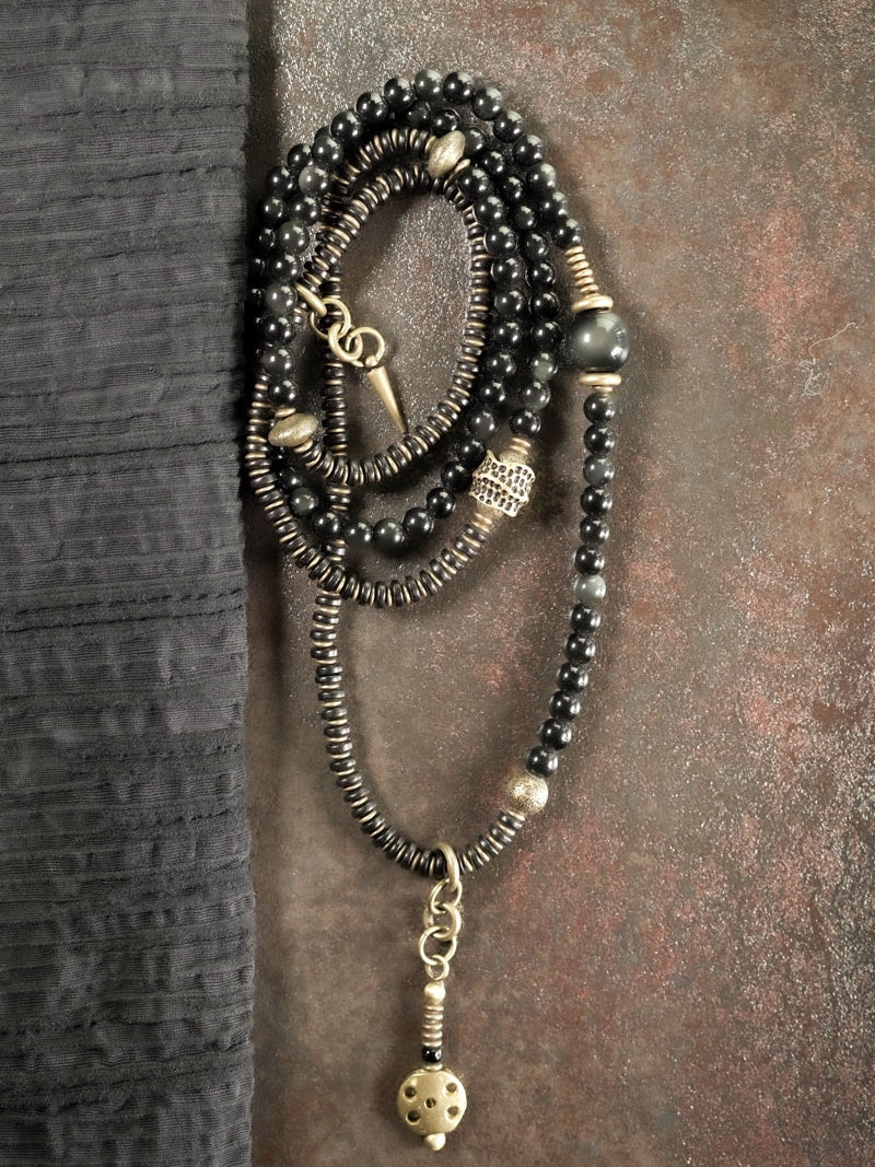 Retro Multi-Layer Obsidian Round Beads Bracelet
