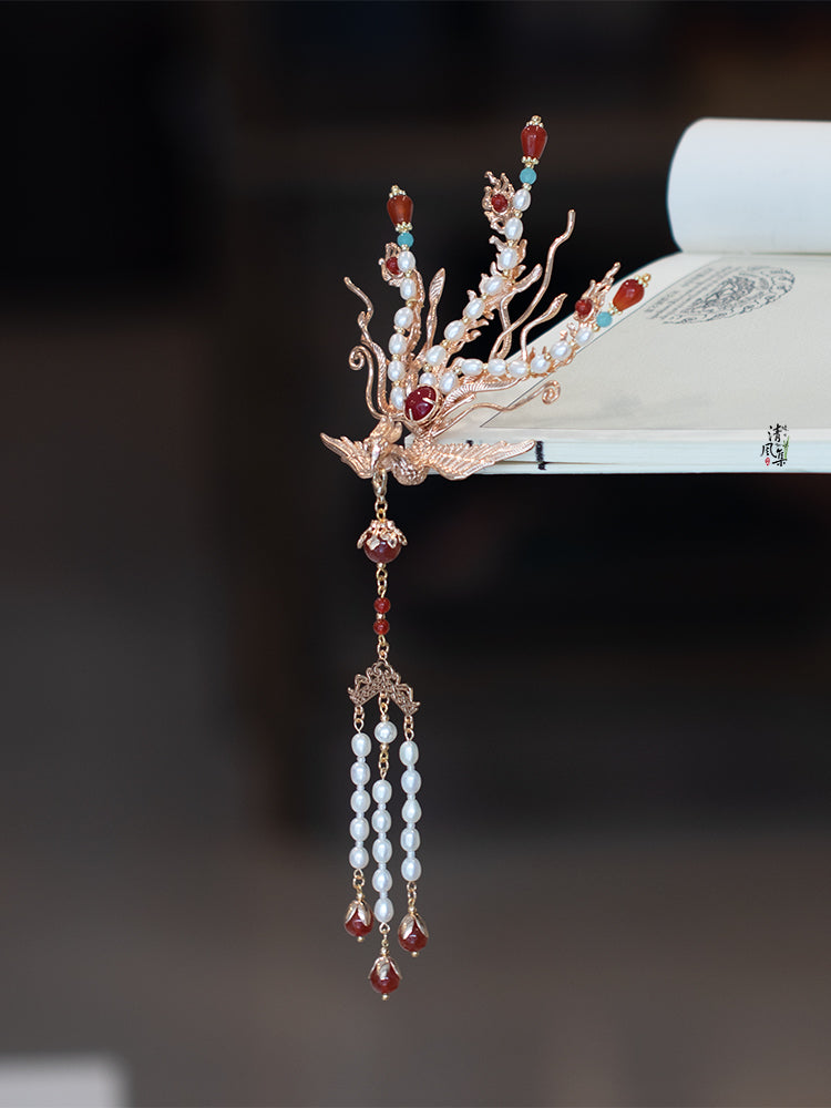 Original Handmade Pearl Agate Phoenix Tassel Hairpin