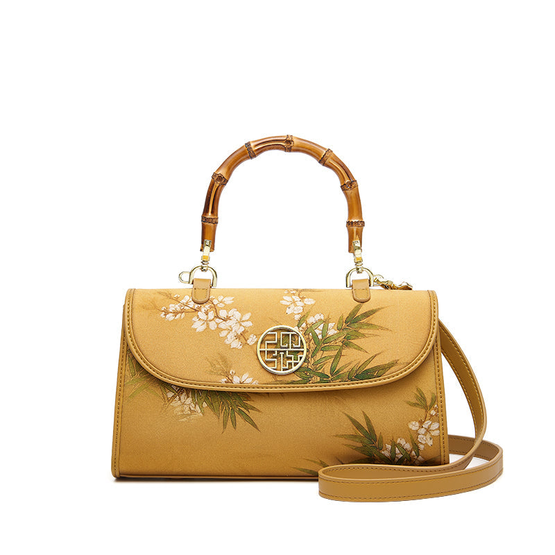 Bamboo Shadow Printed Leather Bamboo Handle Handbag