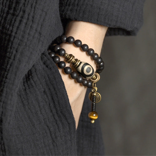 Buddha Ebony Wood Dzi Beads Protection Bracelet