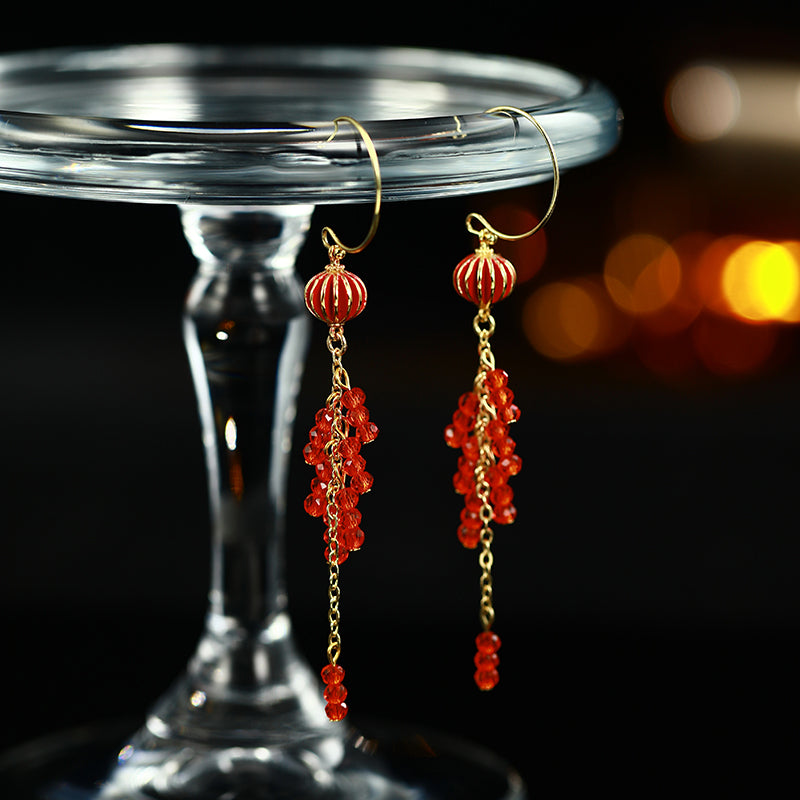 New Year Red Crystal Tassel Long Earrings