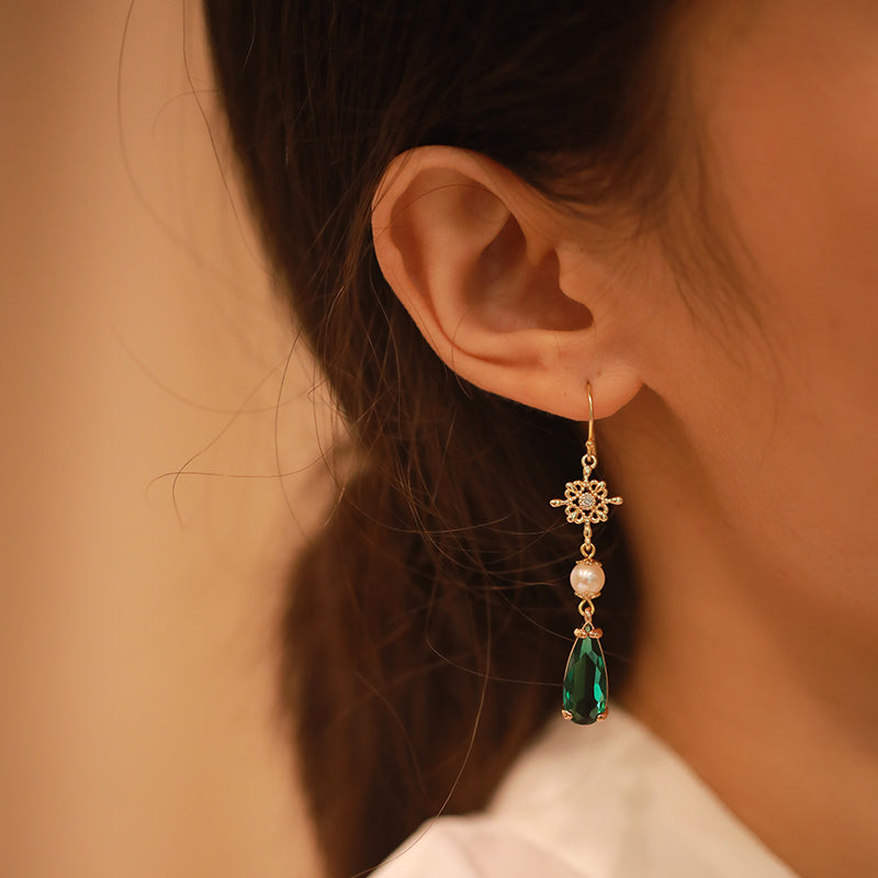 Elegant Long Green Ear Studs Pearl Earrings