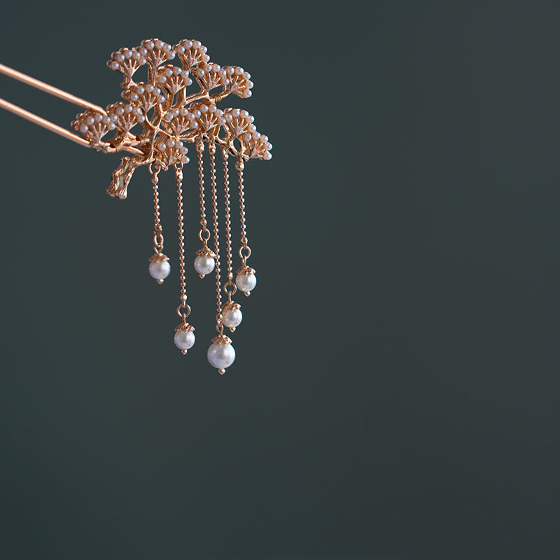 Double-Sided Pine Branch Metal Tassel Pearl Hairpin