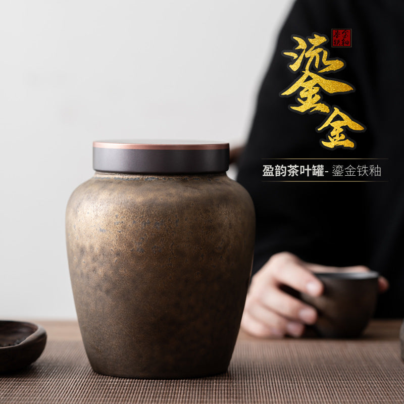 Japanese Style Gilding Iron Glaze Stoneware Tea Tins Handmade Retro Household Porcelain Sealed Tea Container Large Tea Warehouse