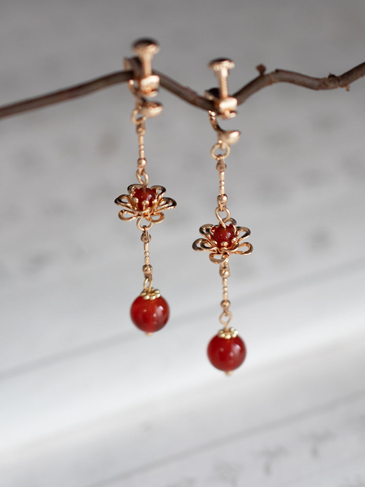 925 Gold-Plated Long Red Agate Eardrop Earrings