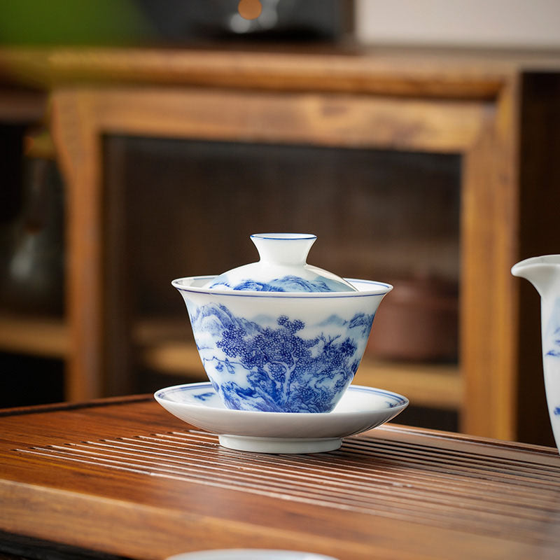 Hand-Painted Blue and White Porcelain Landscape Gaiwan