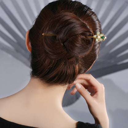 Archaistic Green Agate Pearl Floral Metal Hairpin