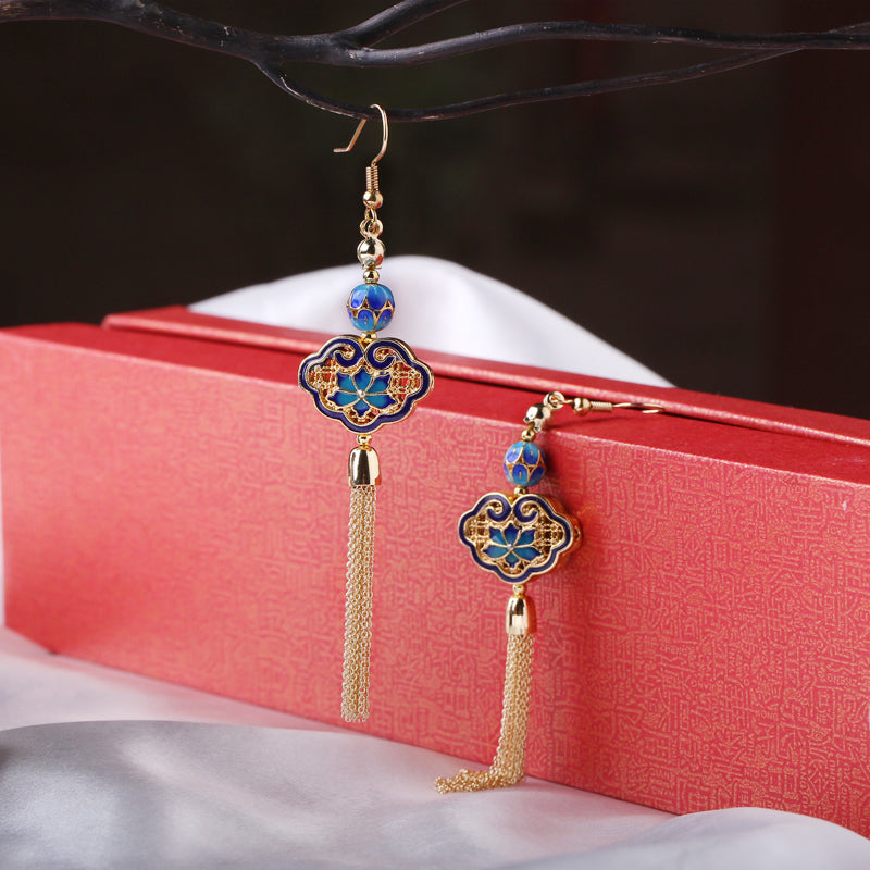 Vintage Tassel Cloisonné Gold Earrings