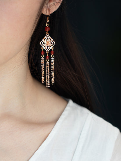 Ancient Style Original Handmade Red Agate Tassel Earrings