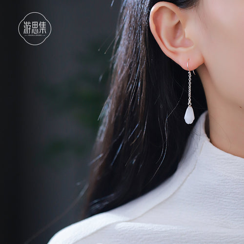 Magnolia White Jade 14K Gold Threader Earrings