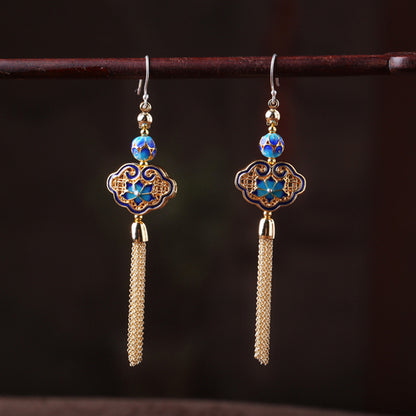 Vintage Tassel Cloisonné Gold Earrings