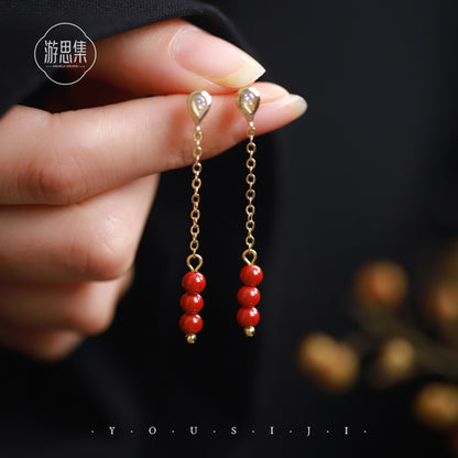 Chinese Niche Design Tassel Long Red Earrings