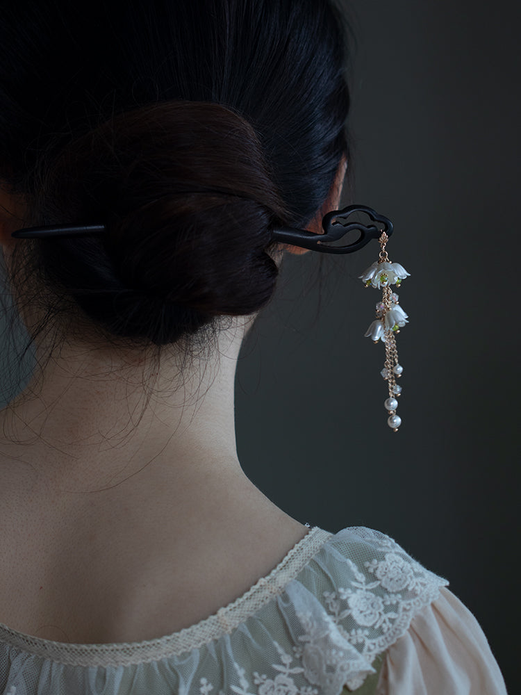 Gold-Plated Orchid Tassel Pearl Wooden Hairpin