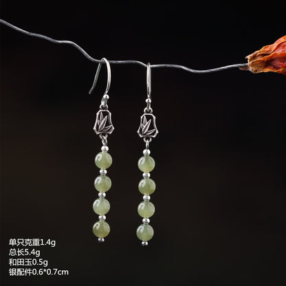 925 Silver Hollow Leaf Graceful Hetian Jade Long Earrings