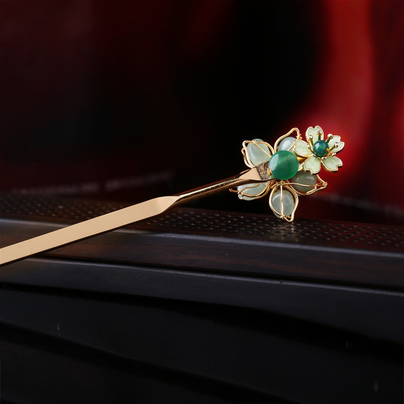 Archaistic Green Agate Pearl Floral Metal Hairpin