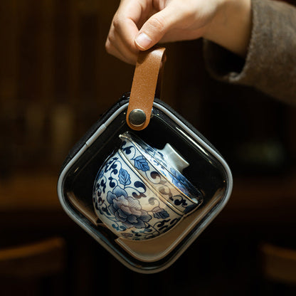 Portable Blue and White Ceramic Travel Tea Set Portable Bag