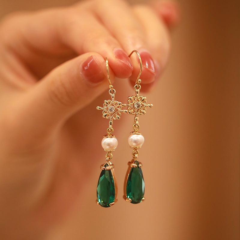 Elegant Long Green Ear Studs Pearl Earrings