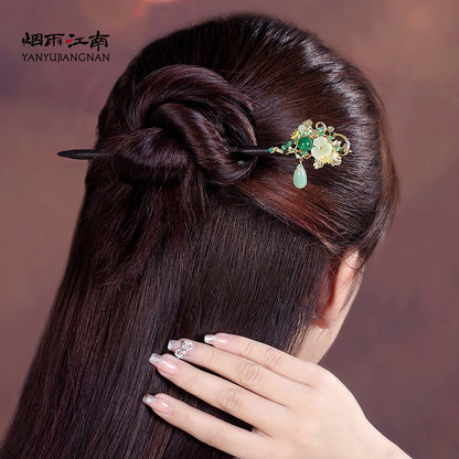 Green Agate Cloisonné Synthetic Flower Wood Hairpin