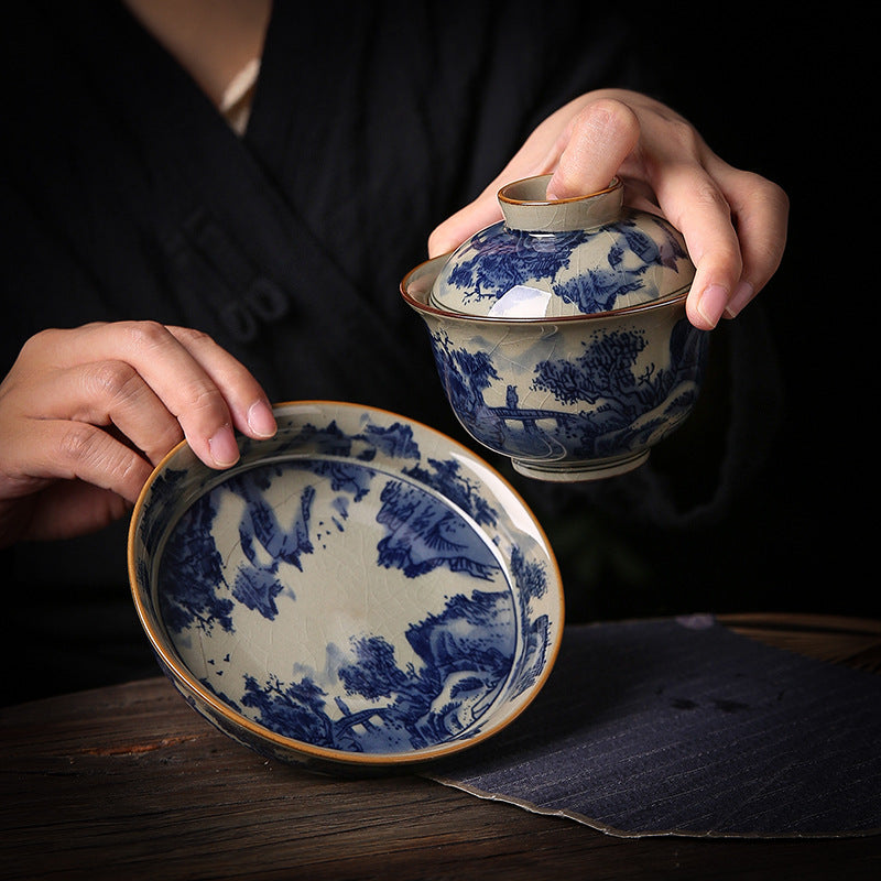 Chinese Style Blue and White Old Clay Retro Gaiwan