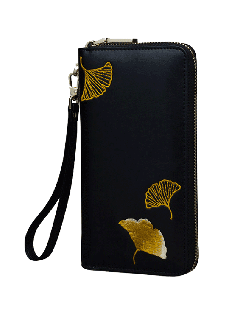 Ginkgo Embroidery Leather Hand Bag Wallet - gloriouscollection