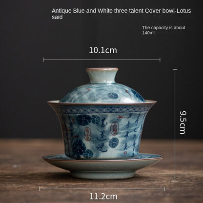Lotus Antique Blue and White Porcelain Gaiwan Tea Set