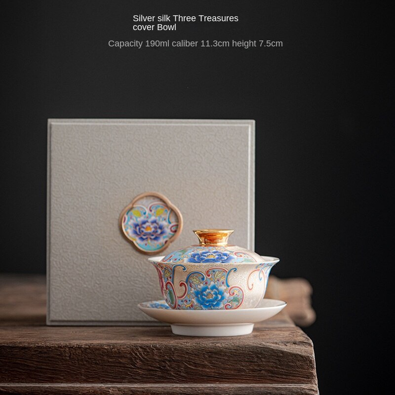 Handmade Cloisonne Silver Three Cai Gaiwan