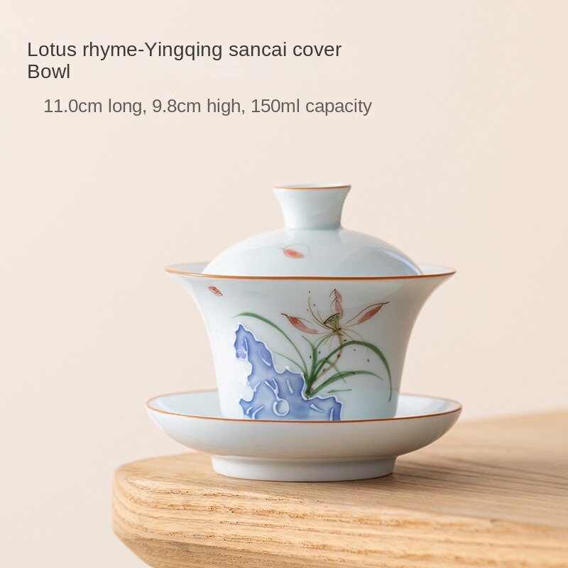 Hand Painted Lotus Cover Tea Cup White Porcelain