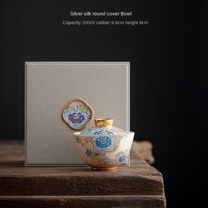 Handmade Cloisonne Silver Three Cai Gaiwan