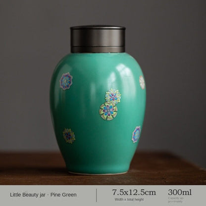 Spearmint Tea Pot Japanese Style Tin Cover Sealed Moisture-Proof Ceramic Pot Small Size Tea Warehouse Tea Container