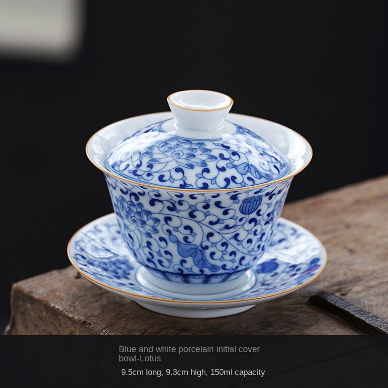 Hand-Painted Blue and White Porcelain Landscape Gaiwan