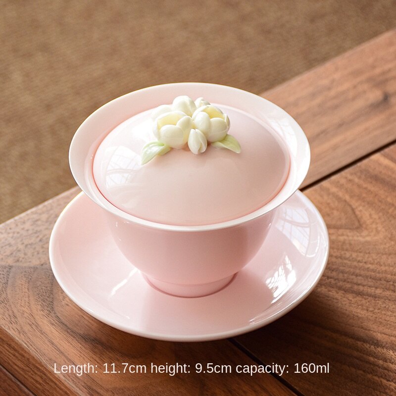 Handmade Pink Flower Porcelain Gaiwan Tea Set