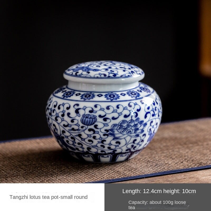 Blue and White Porcelain Tea Pot Ceramic Sealed Can Kung Fu Tea Set Household Tea Container Pu&