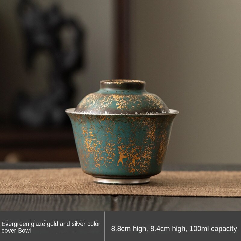 Japanese Evergreen Glaze Gold and Silver Gaiwan