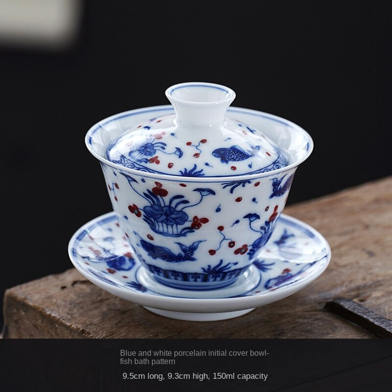 Hand-Painted Blue and White Porcelain Landscape Gaiwan