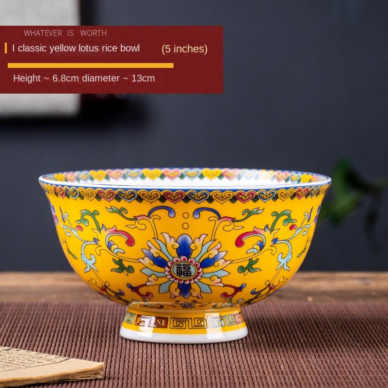 Antique-Style Twin Lotus Enamel Color Ceramic Bowl